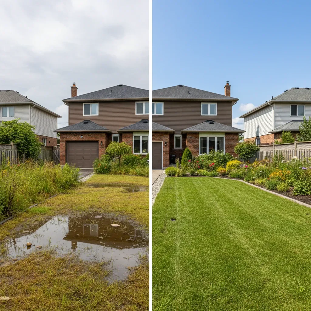 Drainage service transformation - before and after by Signature Landscaping Oshawa in Oshawa